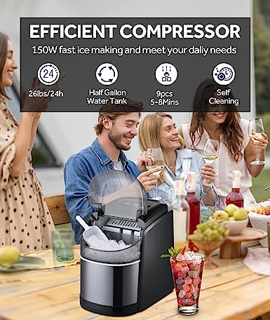 Countertop Ice Maker, FREE VILLAGE Ice Maker Machine for Countertop 9 Ice  Ready in 6 Mins, 26Lbs/24H, Self-Cleaning Function, Portable Ice Maker with  Ice Scoop & Basket for Home/Party/Camping (Black) 